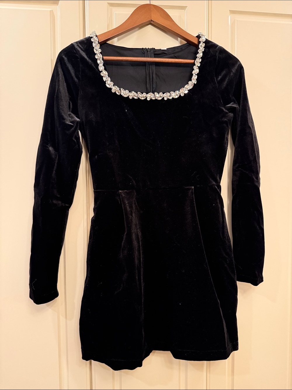 Black Velvet Long-Sleeve Dress with Crystal Trim
